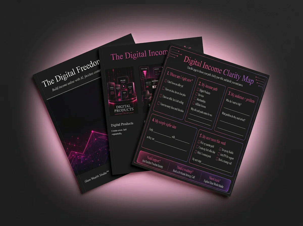 Preview of The Digital Freedom Blueprint workbook showing the cover, The Digital Income Paths page, and the Digital Income Clarity Map worksheet.